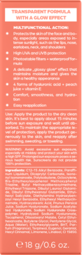 Tył opakowania serum z filtrem SPF, brzoskwiniowe, z listą składników i opisem 'Transparent Formula Glow Effect'.