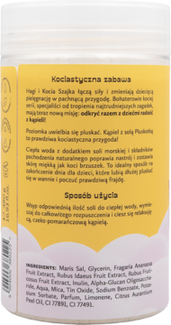 Hagi Kids sól do kąpieli czekolada-pomarańcza, tył opakowania z widoczną listą składników w j. polskim.
