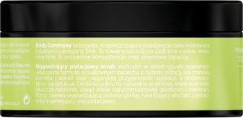 Tył opakowania Body Ceremony Wygładzający pistacjowy scrub, jasnozielona etykieta z białym tekstem.