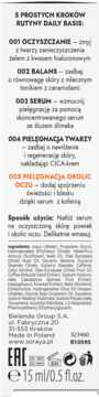 Tył opakowania serum pod oczy Soraya z kofeiną. Widoczna codzienna rutyna pielęgnacyjna, składniki, 15ml.