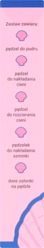 Eloy zestaw pędzli podróżnych różowy. Różowa etykieta z listą: 4 pędzle (puder, 2 do cieni, szminka), 2 osłonki.