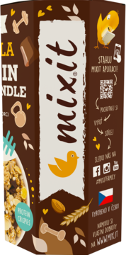 Mixit Protein Granola, brązowe pudełko z białym logo i miską z proteinowymi chrupkami, widok z boku.