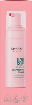 Różowa butelka KIMOCO Clean Skin Gentle Cleansing Foam z Madekasozydem i ryżem, widok z przodu na różowym tle.