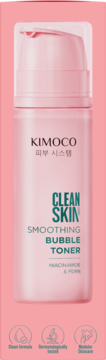 Różowy toner KIMOCO Clean Skin Smoothing Bubble Toner z pompką, widok z przodu. W składzie niacynamid i PDRN.