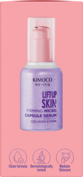 KIMOCO Lift-Up Skin Firming Micro Capsule Serum z kolagenem i PDRN, fioletowa butelka z pompką.