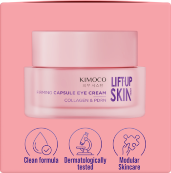 Różowy słoiczek KIMOCO Lift Up Skin Firming Capsule Eye Cream z kolagenem i PDRN, widok z przodu.