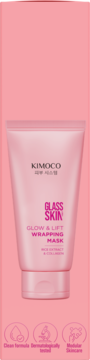 Różowa tubka maski Kimoco Glass Skin Glow & Lift z ekstraktem z ryżu i kolagenem, widok z przodu na pastelowym tle.
