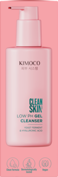 Różowy żel oczyszczający KIMOCO LOW PH GEL CLEANSER z pompką, widok z przodu. Zawiera kwas hialuronowy i ferment drożdży.