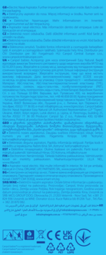 Tył niebieskiego opakowania Canpol babies Elektryczny Aspirator do Nosa Easy Natural. Biały tekst, symbole recyklingu i certyfikacji.