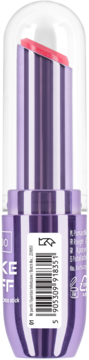 Pomadka do ust MAKE OFF w fioletowej, prążkowanej oprawie z różowym sztyftem. Widok z przodu z czytelnym kodem kreskowym.