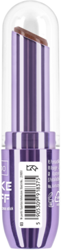 Fioletowa pomadka do ust w sztyfcie z brązowym kolorem, widok z tyłu z kodem kreskowym i przezroczystą zatyczką.