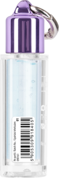 Błyszczyk do ust w przezroczystej butelce z błękitnym płynem, fioletowa zakrętka, metalowe kółko, widok z przodu.