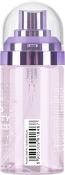 Transparentna, fioletowa mgiełka utrwalająca makijaż, tył opakowania z kodem kreskowym i grafiką gwiazd.