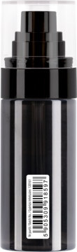 Cylindryczna czarna butelka matującej mgiełki utrwalającej makijaż z pompką, widok z przodu, kod EAN.