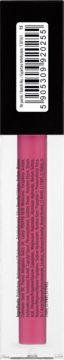 Różowy nawilżający błyszczyk do ust, widok z boku na tubkę z opisem i kodem kreskowym na czarnej nakrętce.
