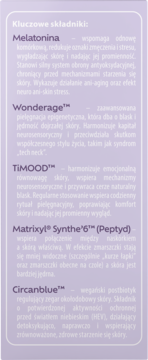Fioletowy panel informacyjny z kluczowymi składnikami kosmetyku: Melatonina, Wonderage, TiMOOD, Matrixyl, Circanblue.