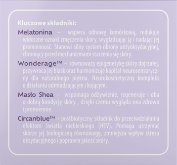 Prostokątne fioletowe pole z białym tekstem o składnikach kremu: Melatonina, Wonderage, Masło Shea, Circanblue.