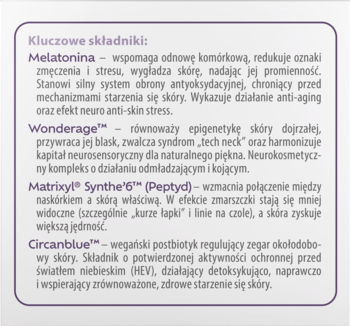 Biała etykieta kremu do twarzy, sekcja Kluczowe składniki: Melatonina, Wonderage, Matrixyl, Circanblue.