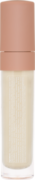 Tył nawilżającego korektora do twarzy w cylindrycznej butelce z beżową treścią, brzoskwiniową zakrętką i niewyraźnym tekstem.