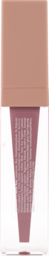 Pionowo stojąca matowa pomadka do ust w odcieniu pudrowego różu w przezroczystej tubce z beżową zakrętką.