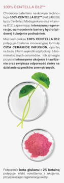 AA LAAB 100% Centella B12 serum-ampułka. Grafika: zielona roślina Centella i różowy proszek w szalkach laboratoryjnych.
