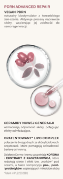 PDRN Advanced Repair: petri dishes z różowymi owocami, płynem, tekst o wegańskim PDRN, ceramidach, kofeinie.