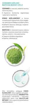 Grafika opisująca CERAMID AZELAIC MATCHA BOOST CPLX, pokazująca zieloną matchę i jasnoniebieskie serum.
