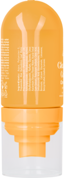 Tył pomarańczowej butelki mgiełki utrwalającej makijaż Glee, widok na listę składników i wegański kolagen.