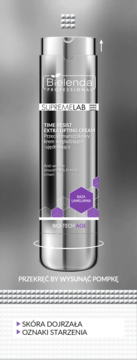 Srebrny krem liftingujący Bielenda Supremelab Time Re-Lift z wysuwaną pompką, dla skóry dojrzałej.