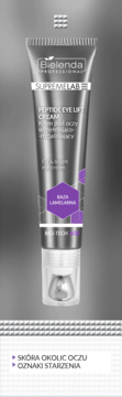 Bielenda Supremelab Peptide Eye Lift Cream, srebrna tubka z metalowym aplikatorem, baza lamelarna, widok z przodu.