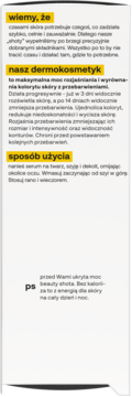 Biała etykieta serum rozjaśniającego i wyrównującego koloryt skóry, z żółtymi nagłówkami i czarnym tekstem.