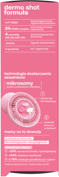 Różowa etykieta serum dermo shot formuła. Widoczny torf tołpa, składniki aktywne i technologia mikrosomów. Zbliżenie.