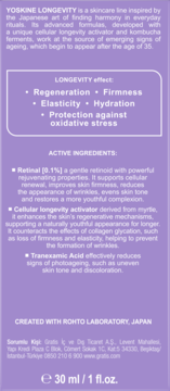 Tył opakowania YOSKINE LONGEVITY skincare, lawendowe, z tekstem o retinolu, miru i kwasie traneksamowym.