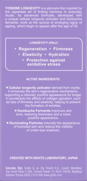 YOSKINE LONGEVITY, tylna strona opakowania. Fioletowe tło, biały tekst opisujący działanie (regeneracja, nawilżenie) i składniki aktywne linii.