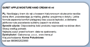 Etykieta Quret Apple Moisture Hand Cream 40ml, białe tło i polski tekst opisujący jabłkowy krem do rąk.