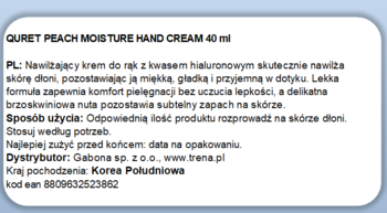 Etykieta tylna kremu QURET PEACH MOISTURE HAND CREAM 40 ml z opisem po polsku, widok prosty.