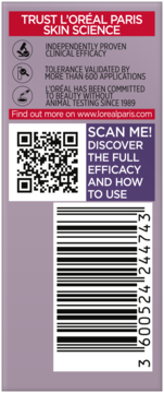 Tył opakowania L'Oréal Paris Skin Science. Fioletowy panel z kodem QR, tekstem o badaniach i kodem kreskowym.