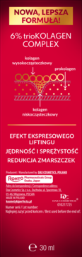 Tylna strona serum Perfecta Multi Kolagen Retinol, czerwone opakowanie, tekst o 6% trioKOLAGEN COMPLEX i liftingu.