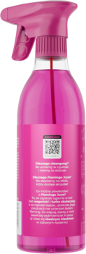 Tył różowego uniwersalnego sprayu Flamingo Juicy, butelka z etykietą, QR kodem, tropikalny zapach, bez smug.