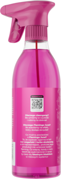 Różowy płyn do czyszczenia łazienki Flamingo, tył butelki ze spryskiwaczem, z etykietą i kodem QR.
