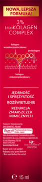 Czerwona etykieta Perfecta 3% trioKOLAGEN COMPLEX z diagramem kolagenu, napisem "Nowa, Lepsza Formuła!", przód.