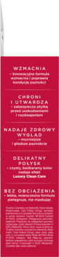 Panel z opisem odżywki do paznokci CLEAR&HARD: wzmacnia, chroni, nadaje zdrowy wygląd, delikatny połysk, bez obciążenia.