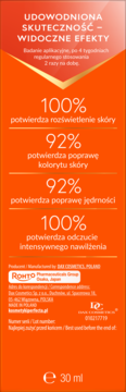 Tył pomarańczowego opakowania serum Perfecta Fenomen CTH 30ml. Widoczne deklaracje efektów: 100% rozświetlenia skóry, logo ROHTO.