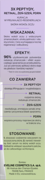 Tył etykiety Eveline Eye Serum Shot Noc z 3x Peptydami i Retinalem. Opis wskazań i efektów.