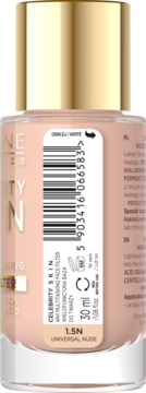 Tył różowego podkładu Celebrity Skin 4in1 Multitasking Face Filter 30ml 1.5N Universal Nude, z kodem kreskowym i tekstem.