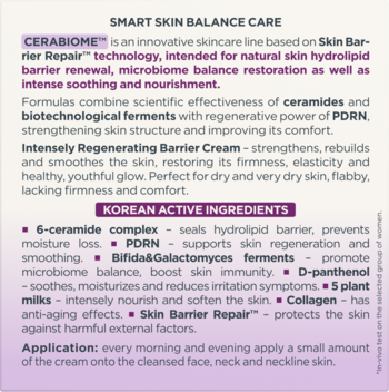 Opis CERABIOME: Smart Skin Balance Care. Krem do cery suchej z ceramidami i fermentami. Tekst na fioletowym tle.
