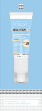 Bielenda Supremelab Hydro-Krem Tinted SPF 50 w jasnoniebieskiej tubce z pompką, do cery odwodnionej/mieszanej, widok frontalny.