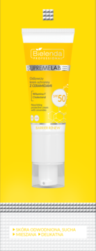 Bielenda Supremelab krem ochronny SPF50 z ceramidami w żółto-białej tubce, widok z przodu.