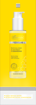 Bielenda Supremelab Barrier Renew olejek do demakijażu z ceramidami. Żółta butelka z białą pompką, widok z przodu.