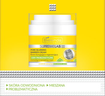 Bielenda Supremelab Pore Blurring Barrier Cream dla cery problematycznej, biały słoik z żółtą etykietą na żółtym tle.